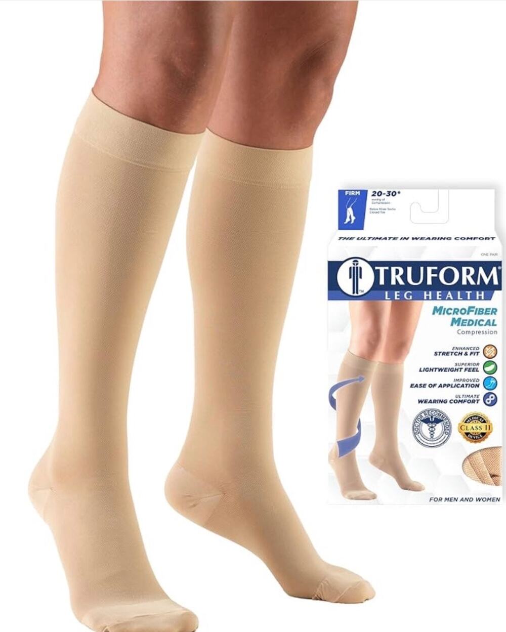 Truform 20-30 mmHg Compression Stockings Knee High Length Closed Toe Beige Sz M